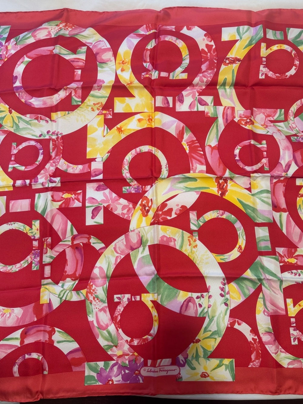 Salvatore Ferragamo Red Floral Gancini Silk Scarf